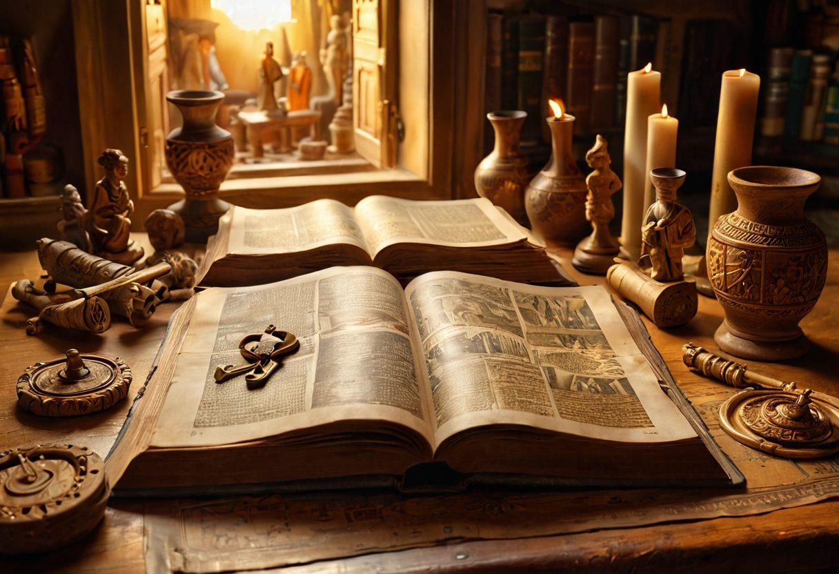A captivating open book symbolizes the unlocking of history, surrounded by ancient artifacts like scrolls, pottery, and historical maps. In the background, a diverse group of people engaged in dynamic discussions, representing various cultures and eras. The scene is bathed in warm, golden light, suggesting a sense of discovery and connection. artistic and vibrant colors. super-realistic.