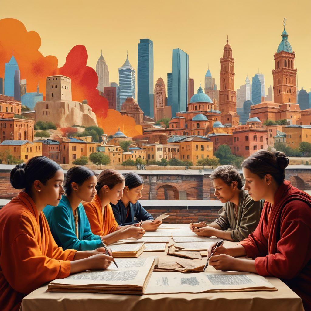 A vibrant collage of historical artifacts, including ancient scrolls, pottery, and paintings, blending seamlessly into a modern city skyline, symbolizing the connection between past and present. In the foreground, diverse people engaged in animated discussions, holding tablets and documents, showcasing a lively exchange of ideas. The color scheme should be rich and warm, reflecting a sense of nostalgia and curiosity. super-realistic. vibrant colors. cultural heritage.