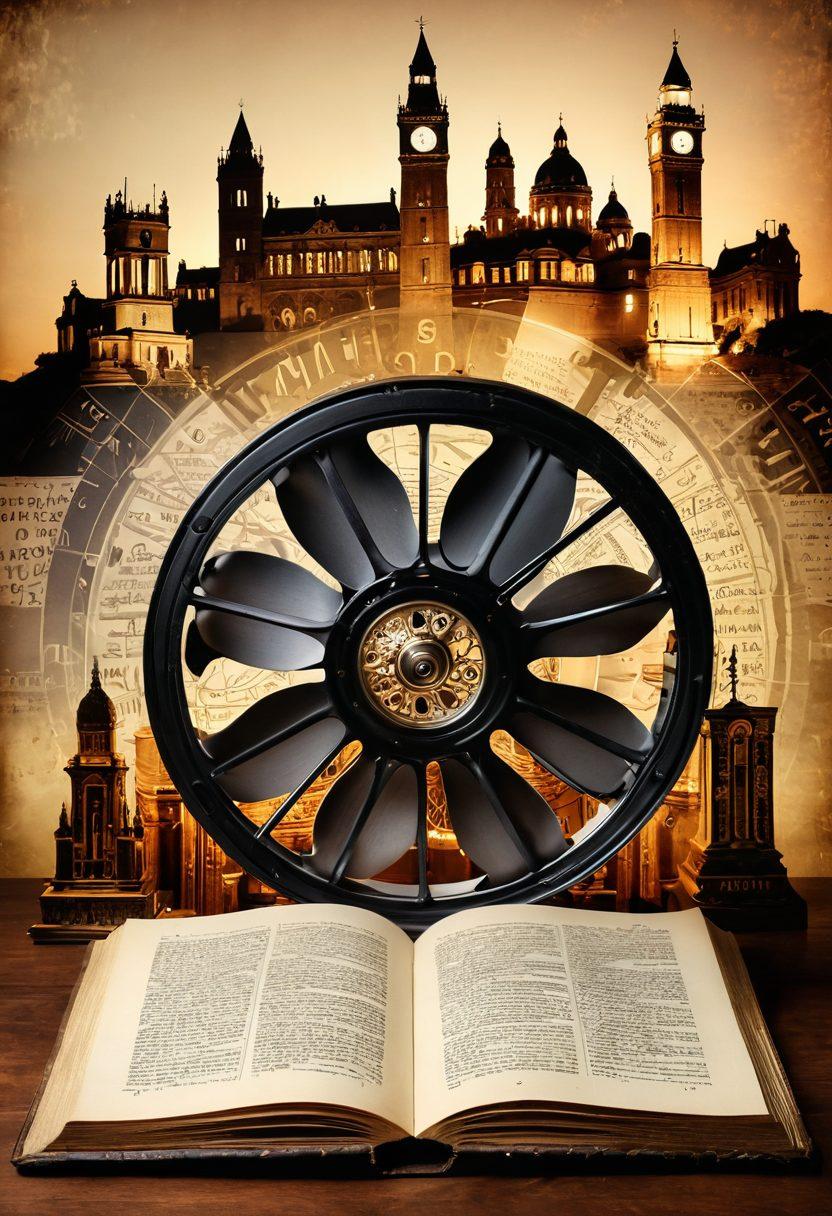 A captivating collage featuring a vintage film reel, ancient scrolls, and open books, all intertwined with clocks representing different historical eras. In the background, a subtle outline of famous historical landmarks and figures, watching over the storytelling process. The scene is warm and inviting, with a soft glow illuminating the elements that represent the passage of time and the exploration of history through visual mediums. vintage style. warm tones. detailed textures.